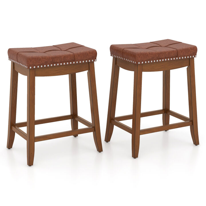Set of 2 Upholstered PU Leather Bar Stools with Saddle Seat