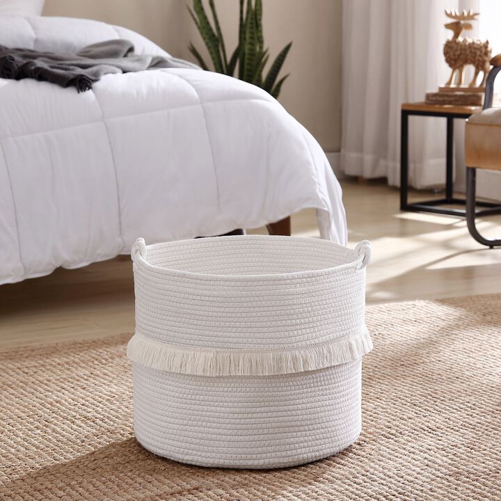 Medium Round Woven Cotton Rope Boho Tassels Storage Basket