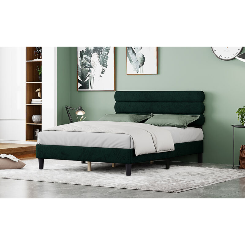 Queen Bed Frame with Headboard, Sturdy Platform Bed with Wooden Slats Support, No Box Spring, Mattress Foundation, Easy Assembly Green