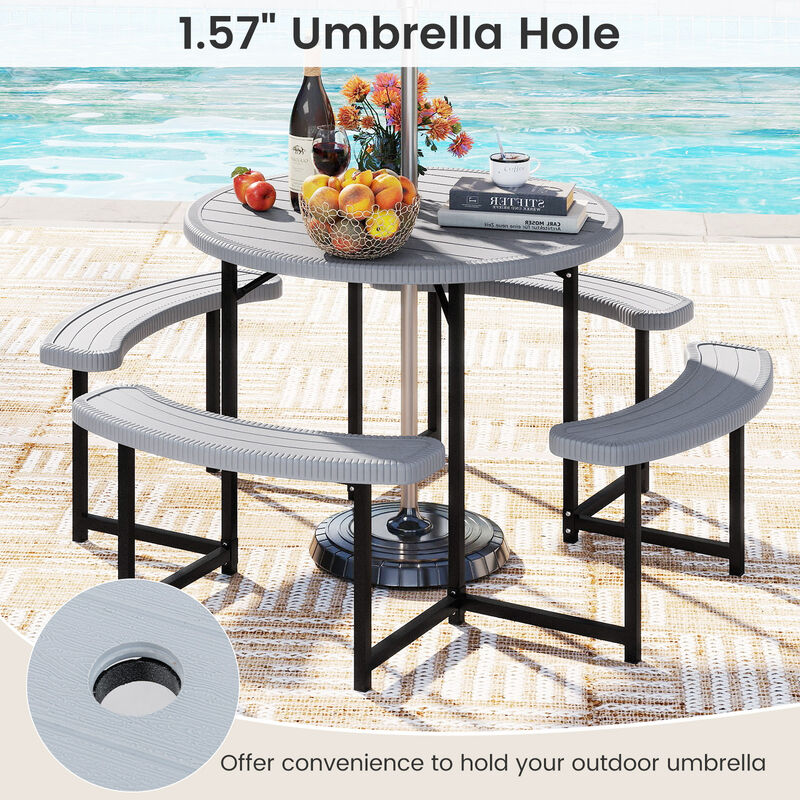 Round Picnic Table Set with 4 Benches and Umbrella Hole &ndash; Outdoor Patio Dining