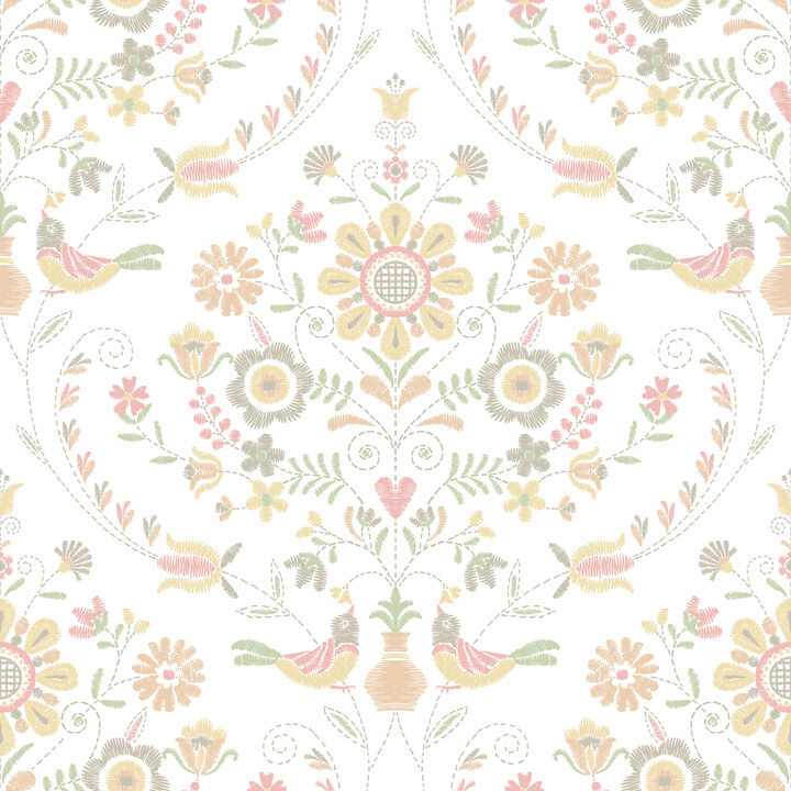 Britt Peach Embroidered Damask Wallpaper