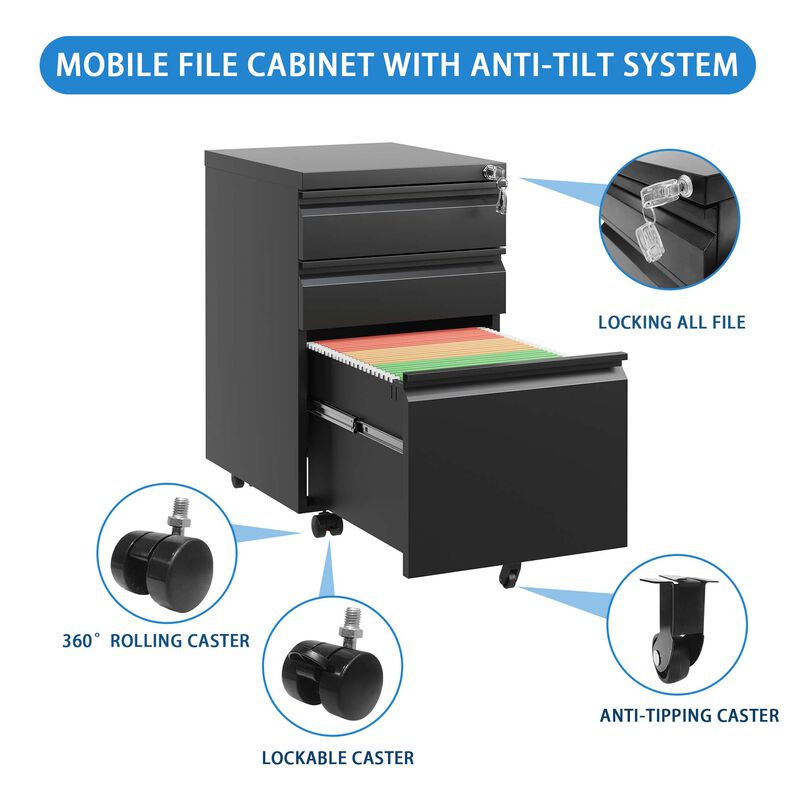 3 Drawer Mobile File Cabinet with Lock,Metal Filing Cabinets for Home Office Organizer Letters/Legal/A4,Fully Assembled image number 4