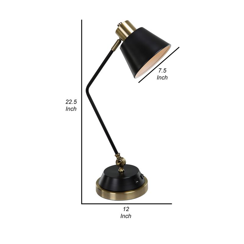 23 Inch Desk Lamp, Adjustable Arm, USB Port, Antique Brass and Black Metal  - Benzara