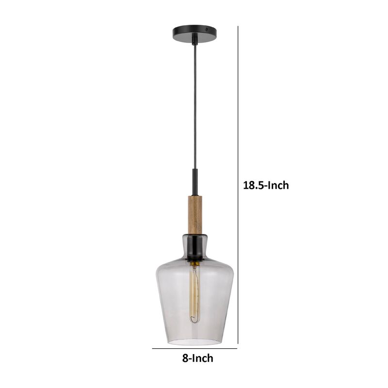 Pendant Light, Round Smoked Glass Shade, Brown Wood Accent, Black Metal image number 7
