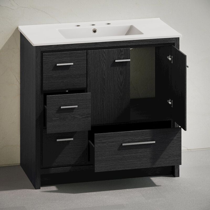 36" Freestanding Bathroom Vanity in Black Oak with 3-Hole Widespread Sink Top image number 4