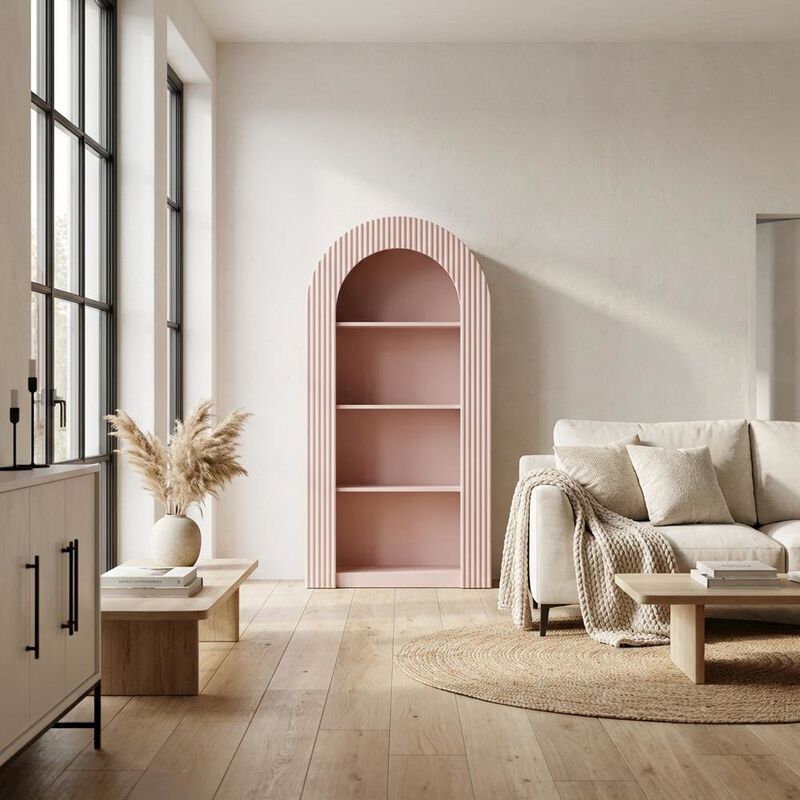 Red arched bookshelf with spacious shelves and nylon accents image number 5