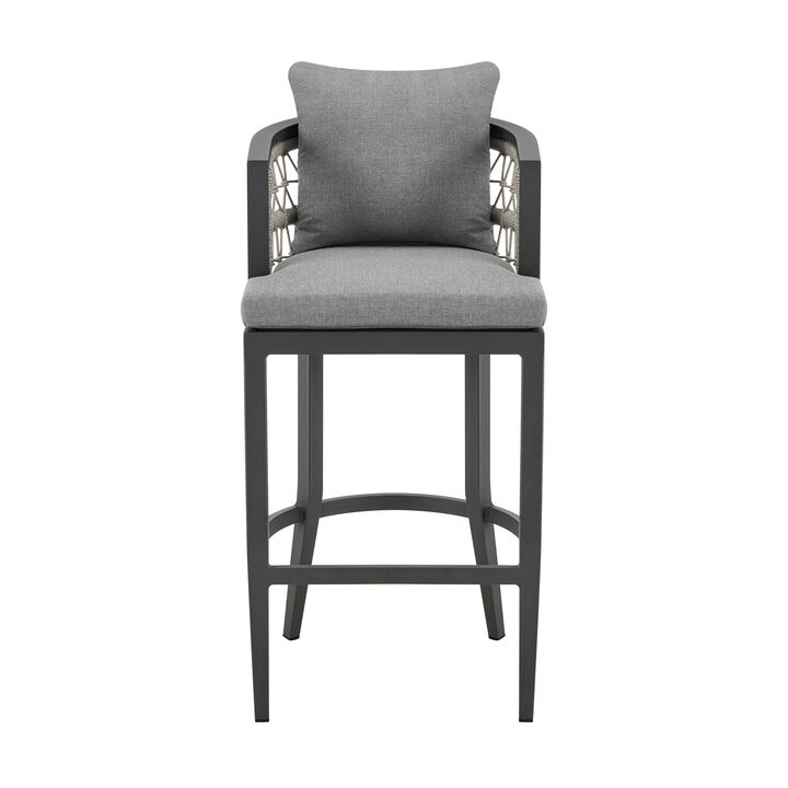 Hosa 26 Inch Outdoor Patio Counter Stool Chair, Gray Aluminum, Woven Rope - Benzara