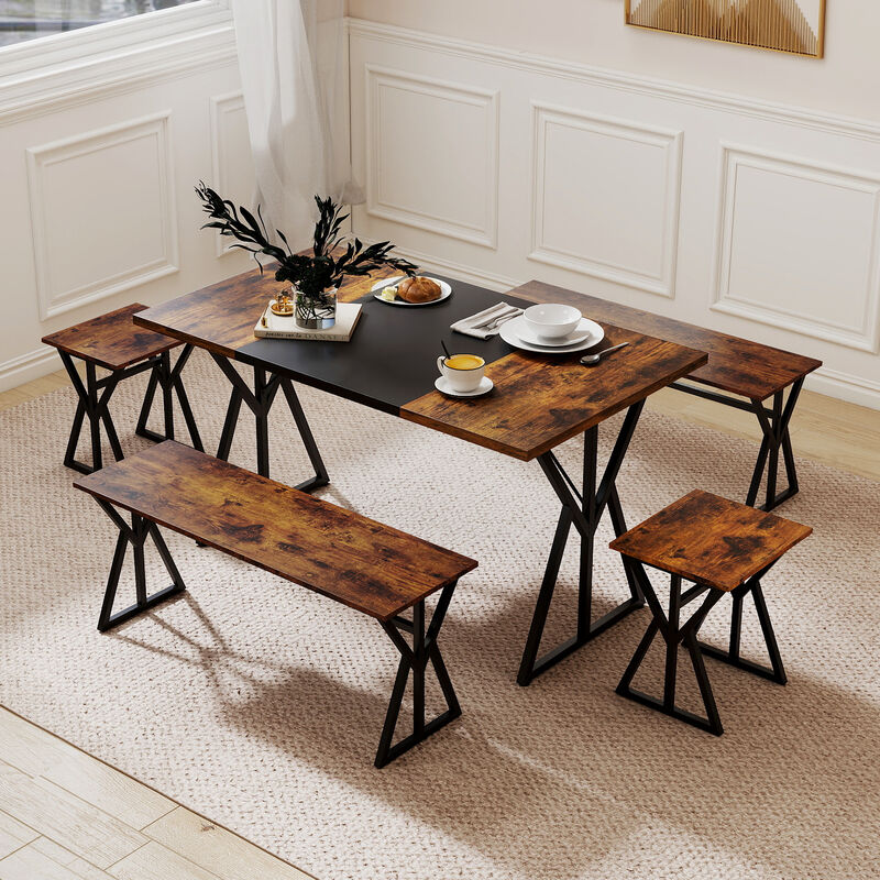 Industrial 5-Piece Dining Set, Rectangular Kitchen Table with 2 Benches & 2 Stools-Rustic Brown image number 5