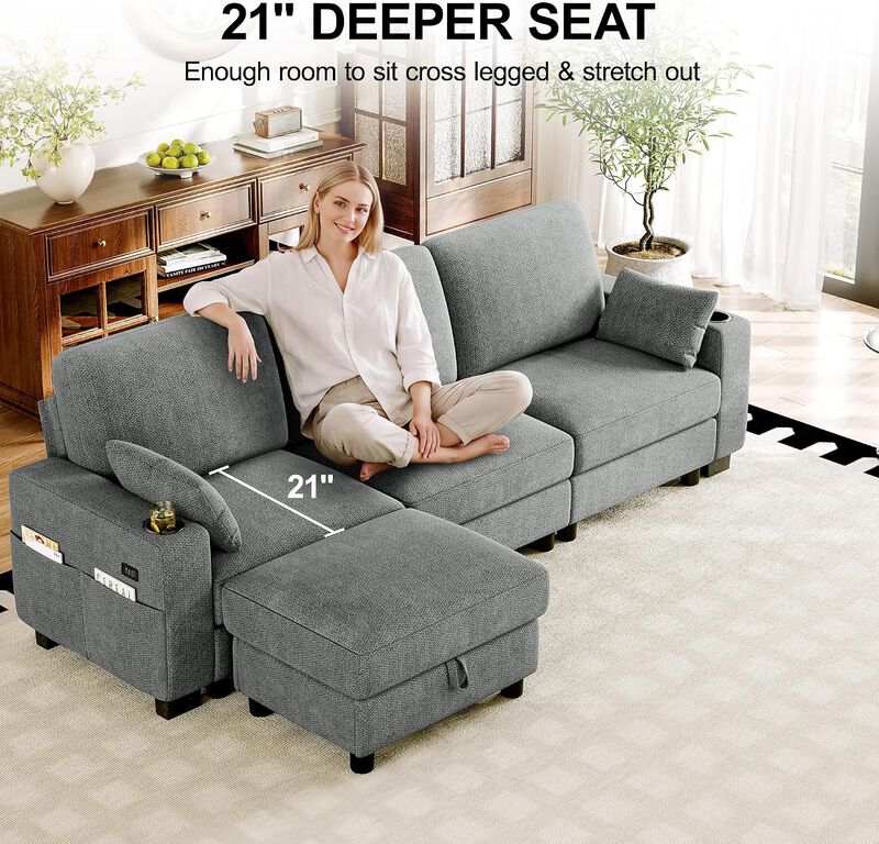 Vipbear 100 Inch Modular Sectional Sofa, Soft Chenille L Shaped Couch with Moveable Storage Ottoman image number 5