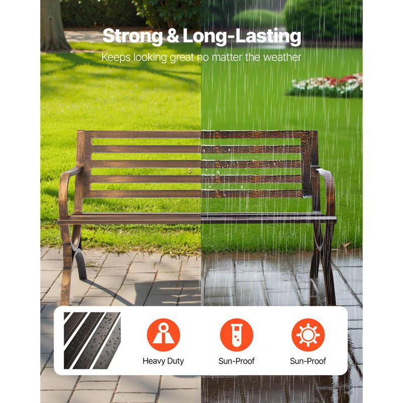 Outdoor Metal Bench with Slatted Backrest, Weatherproof Patio Garden Bench Bronze image number 6