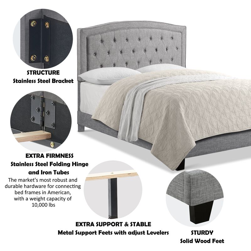 Upholstered Bed with Curved Button Tufted Headboard Modern Platform Bed Frame Solid Wood Structure image number 4