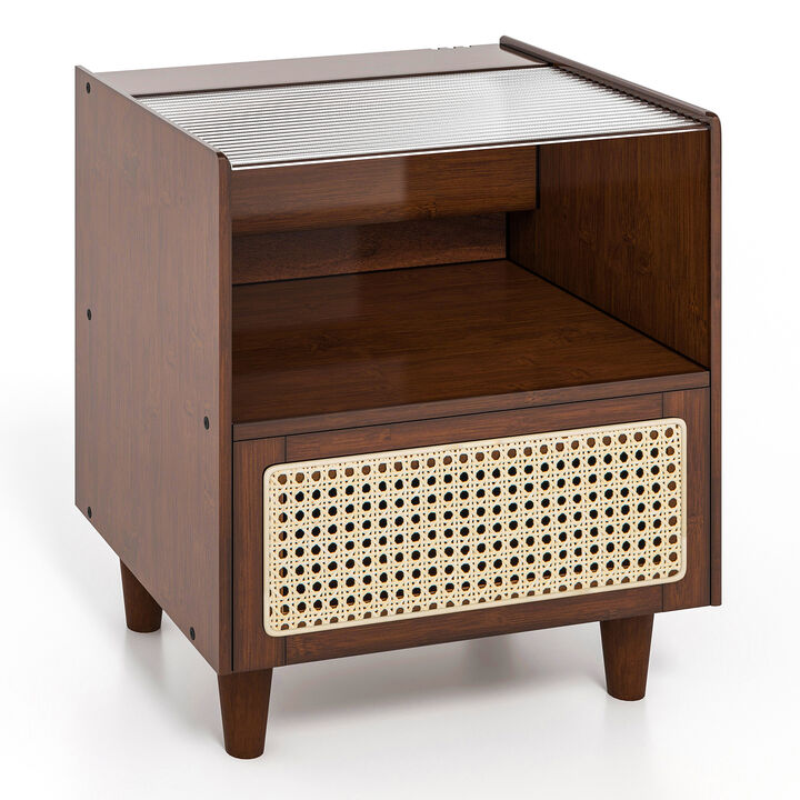 Bamboo Rattan Nightstand with Drawer and Solid Wood Legs