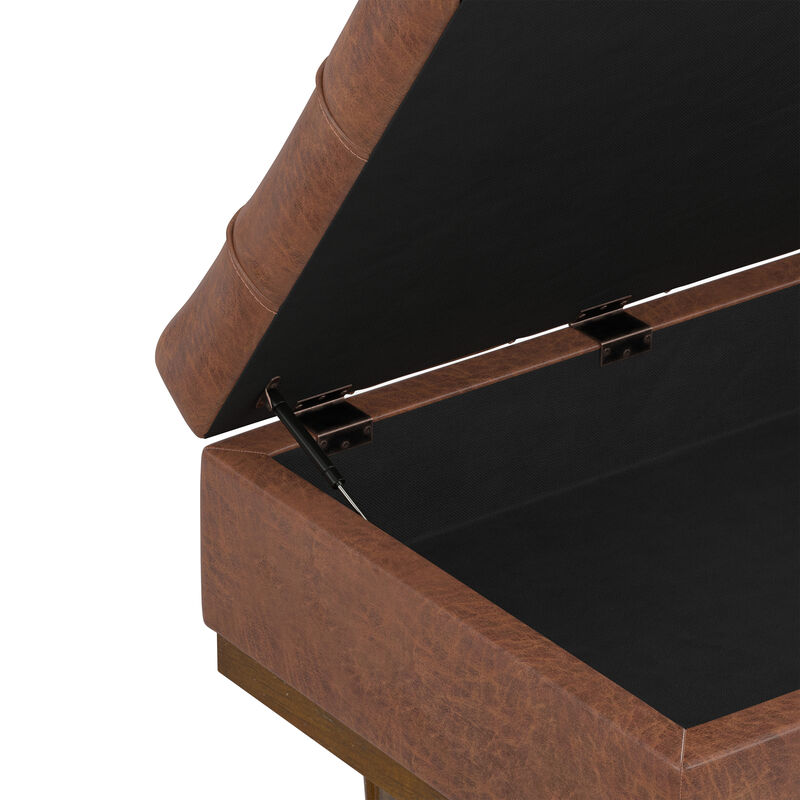 Mariah 34 inch Wide Contemporary Rectangle Coffee Table Storage Ottoman in Distressed Saddle Brown  Vegan Faux Leather, Assembled image number 9