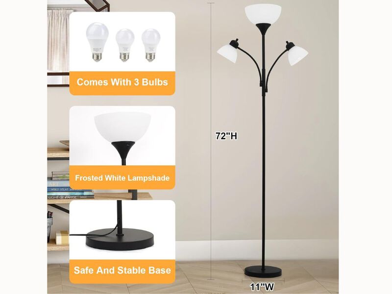 3-in-1 Floor Lamp &ndash; 66" Tall, Dual Reading Lights, Dimmable LED, Modern Black