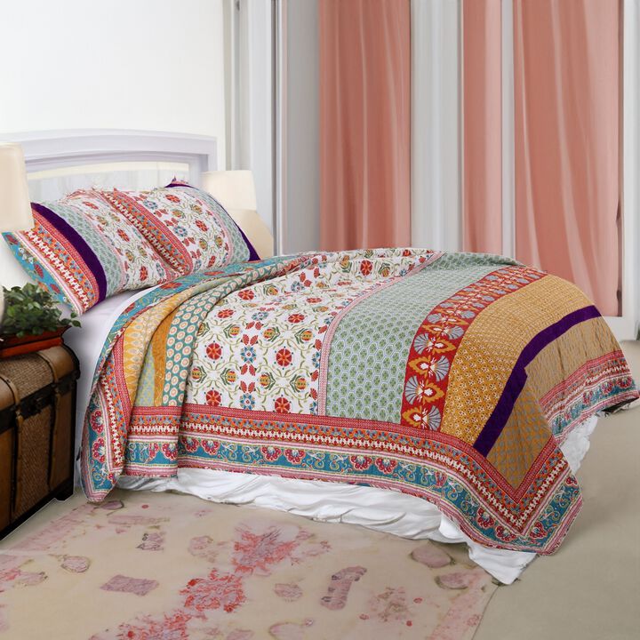 Geometric and Floral Print Twin Size Quilt Set with 1 Sham, Multicolor - Benzara