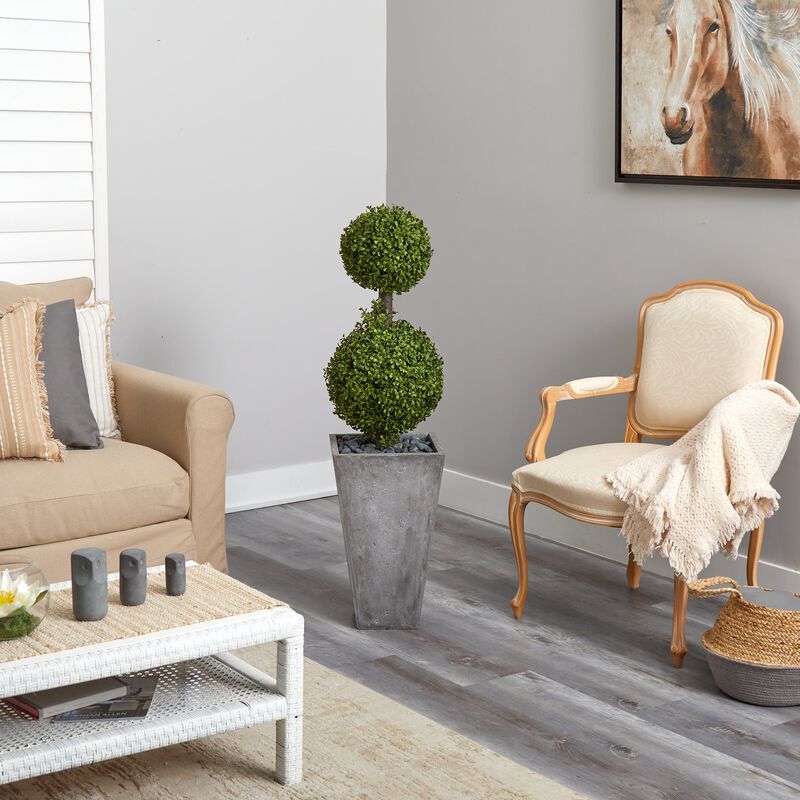 Hivvago 4 Feet Double Boxwood Topiary Artificial Tree in Cement Planter (Indoor/Outdoor)