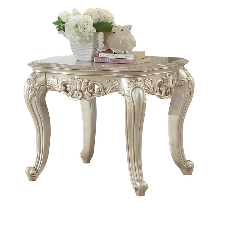 Traditional Style Marble Top End Table with Poly Resin Engravings,Gold-Benzara