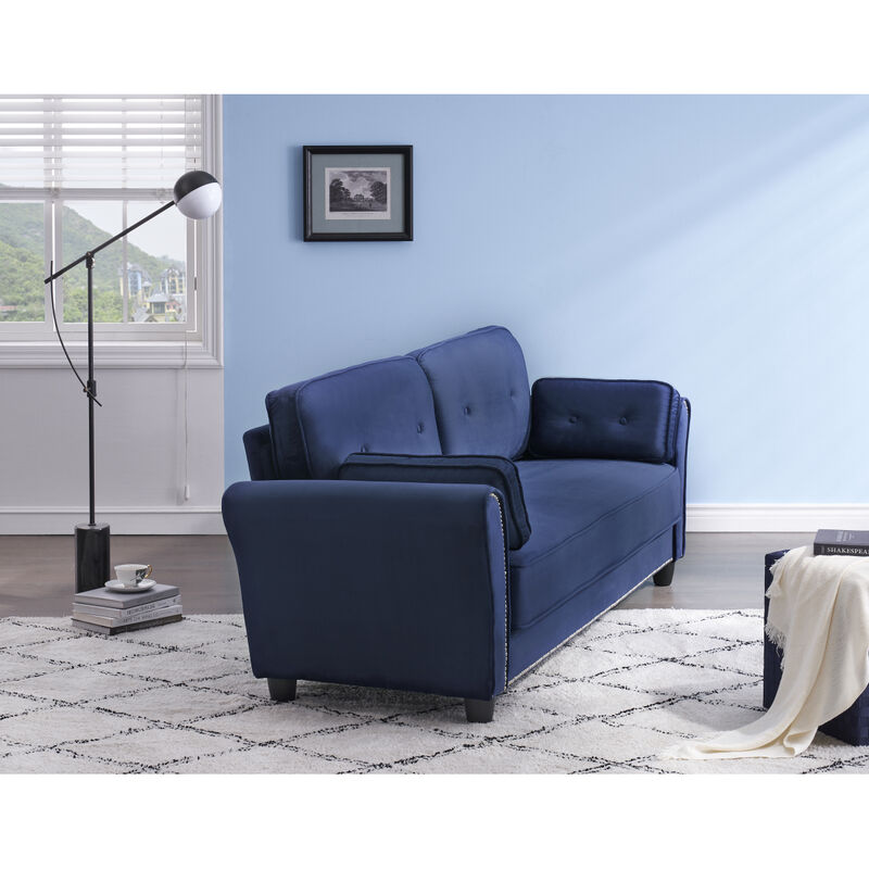 2067 Sofa Armrest with Nailhead Trim Backrest with Buttons Includes Two Pillows 79" Blue Velvet Living Room Apartment Sofa