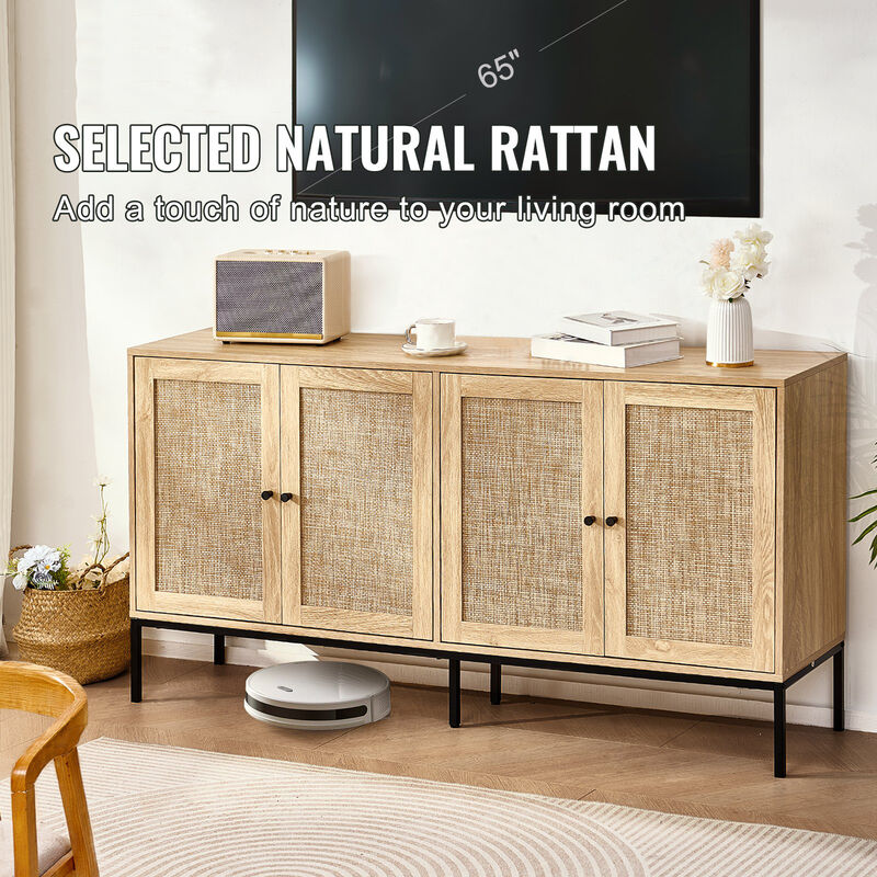 Rattan Storage Cabinet with 4 Magnetic Doors and Adjustable Shelves for Any Room