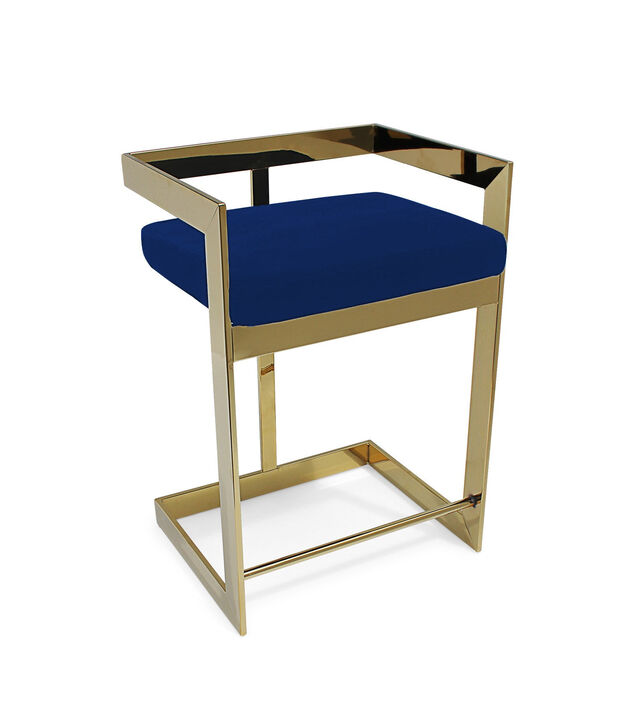 HomeRoots 26" Blue and Gold Metal and Velvet Low Back Counter Height Bar Chair