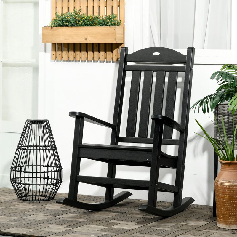 Black Outdoor Rocker: Wooden Chair with Rustic High Back & Armrests