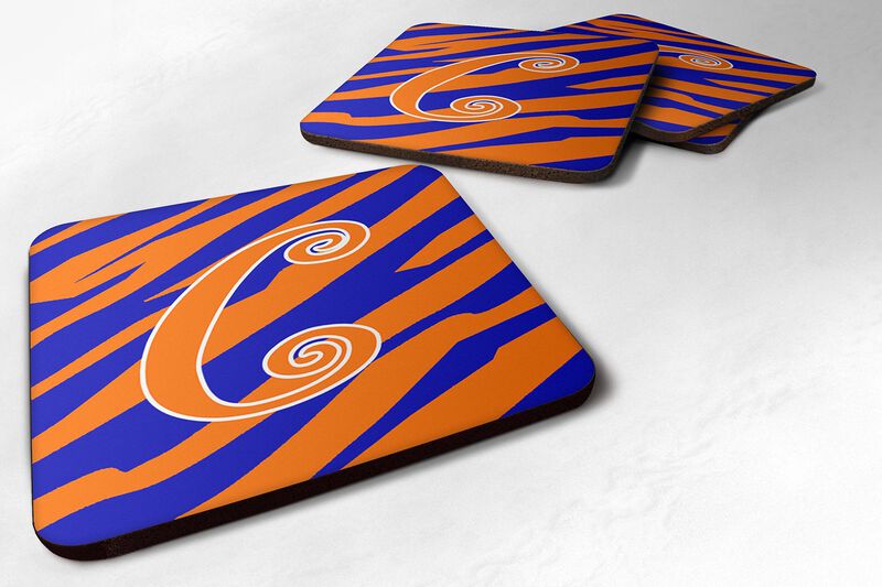 Caroline's Treasures CJ1036-CFC Monogram-Tiger Stripe Blue and Orange Foam Coasters (Set of 4), Initial Letter C, 3.5 H x 3.5 W, Multicolor
