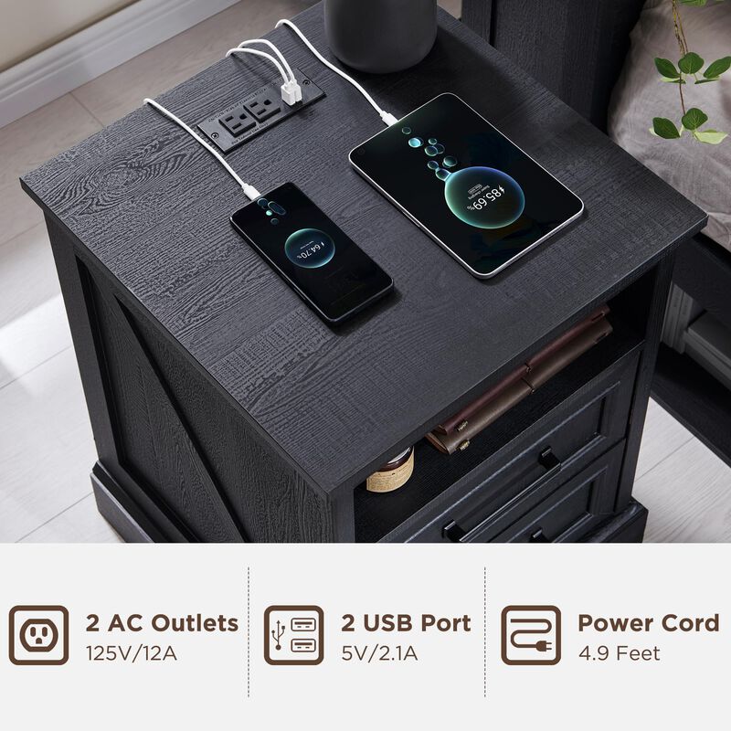 18" Farmhouse Nightstand with Charging Station, 2 Drawers, USB & AC Ports