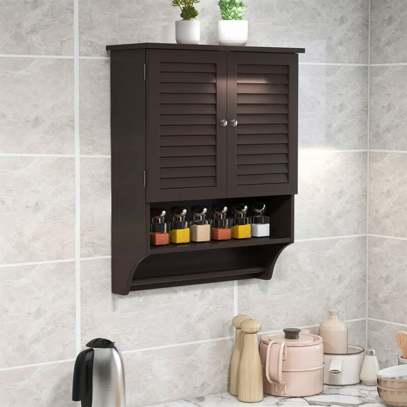 Bathroom Wall Cabinet with Louver Doors and Integrated Towel Bar