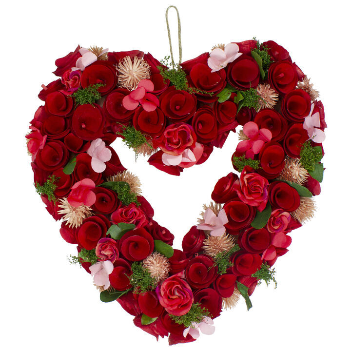 10" Red Wooden Rose Floral Heart Shaped Artificial Valentine's Day Wreath