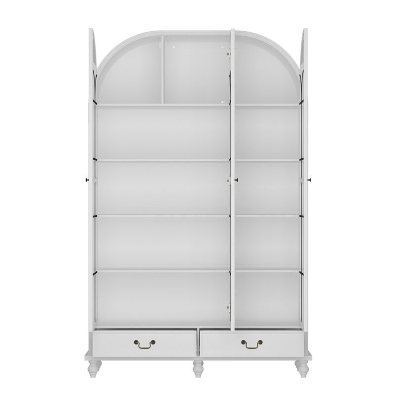 FUFU&GAGA Modern White Bookcase with Glass Doors, 2 Drawers & 8 Shelves, Elegant Storage for Living Room, Bedroom, or Office (77.2"H x 50.4"W x 15.7"D), White