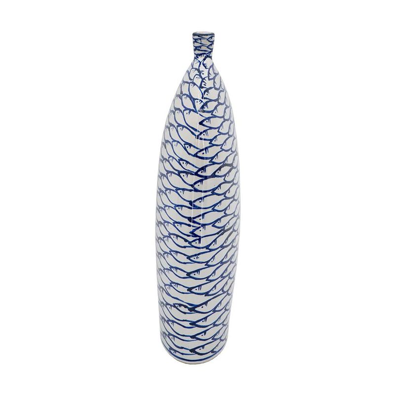 HomeRoots 16" Blue And White Fish Print Oval Ceramic Table Vase image number 2