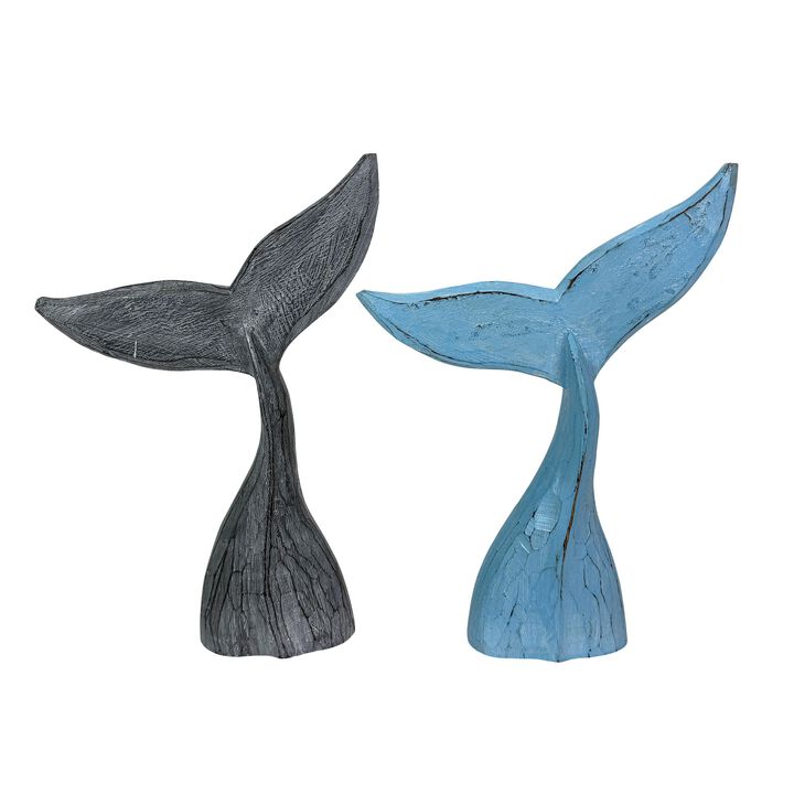 Wood Whale Tail Statues Set Of 2 Coastal Blue Gray 1575 In Decor