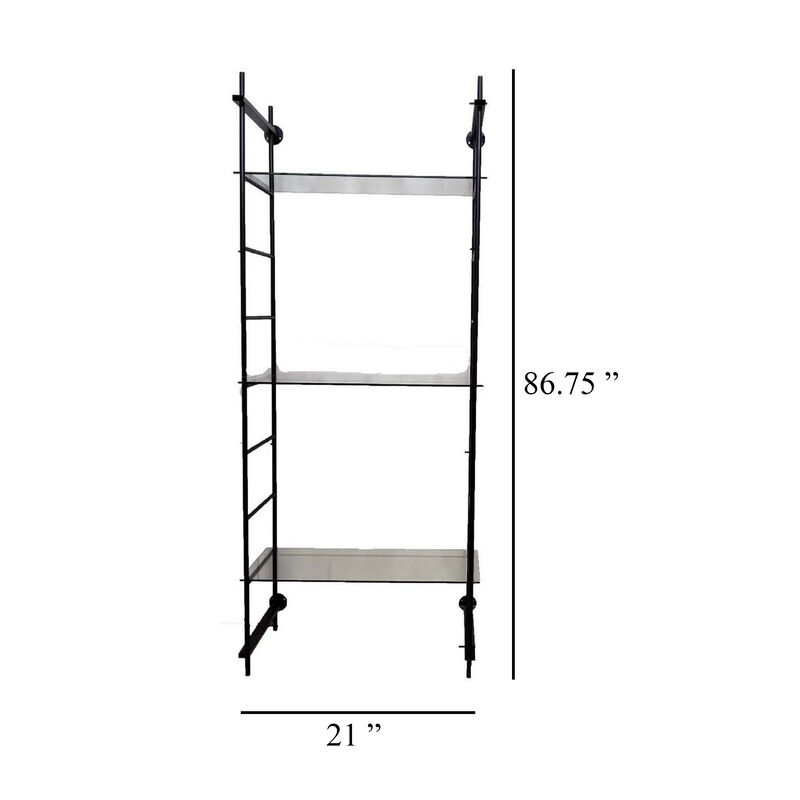 Plant Display Stand, 87 Inch, 3 Shelves Black Metal Ladder Design - Benzara