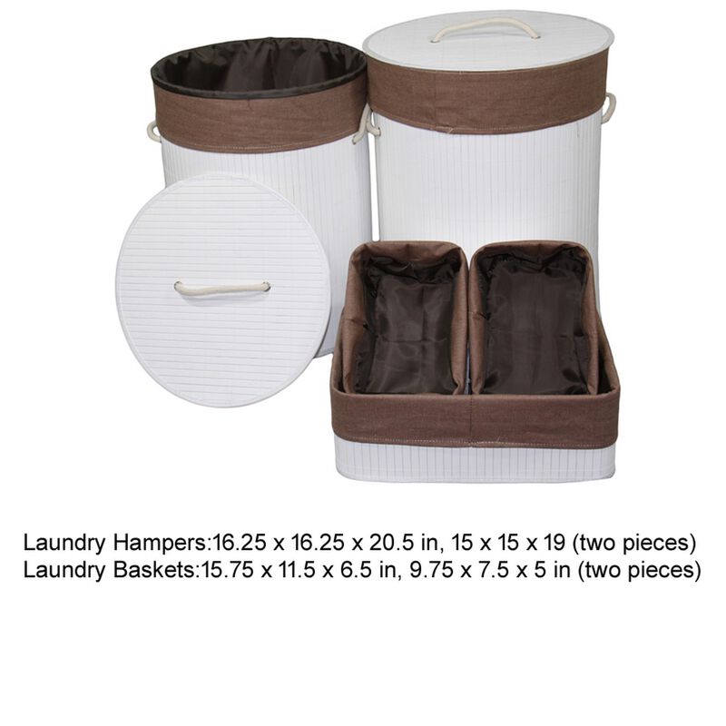 5 Piece Laundry Basket and Tray Set, Round Folding Brown Bamboo, White - Benzara