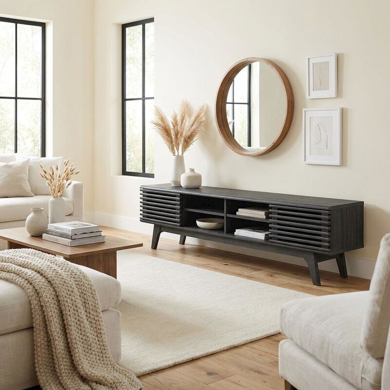 Brown wood entertainment center with spacious TV stand and sleek design image number 4