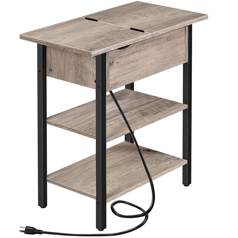 HOOBRO Side Table, Flip End Table with Charging Station and Shelves, USB Ports & Power Outlets, Narrow Nightstand for Small Spac