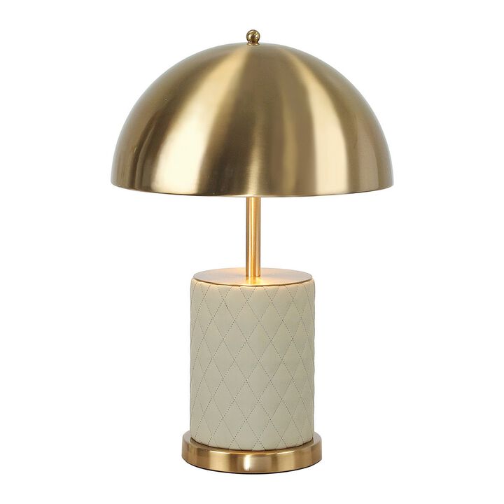 Aria 21 Inch Table Lamp, Dome Shade, Round Base, Beige Faux Leather, Brass-Benzara