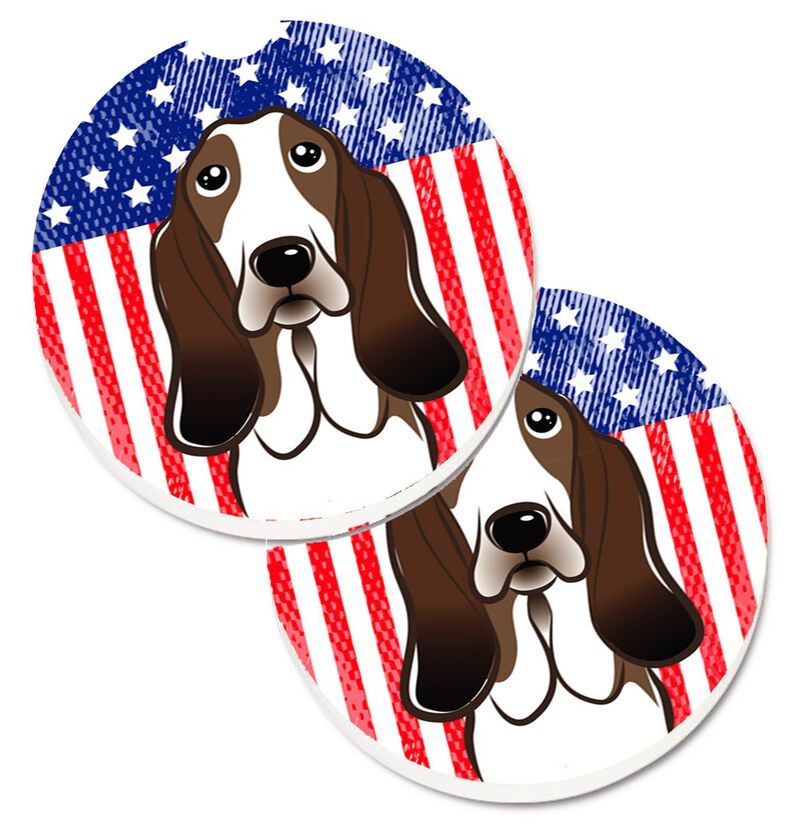 Caroline's Treasures American Flag & Basset Hound Set of 2 Cup Holder Car Coasters BB2173CARC, 2.56, Multicolor