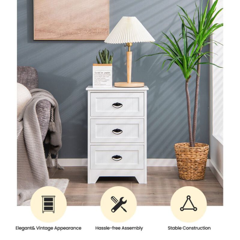 Hivago 3 Drawers End Storage Wood Side Nightstand - White