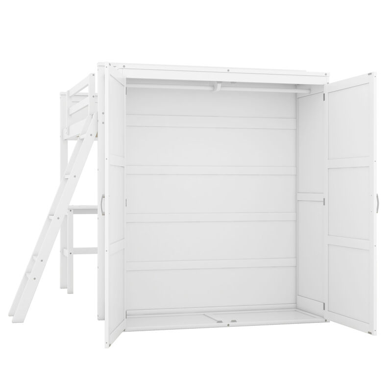 Full size Loft Bed with Desk, Shelves and Wardrobe White
