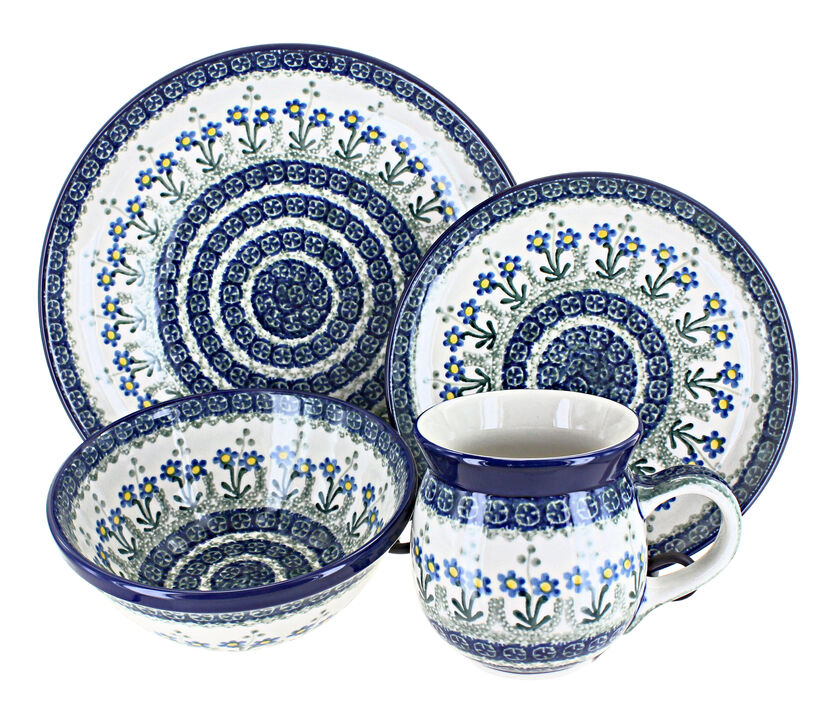 Blue Rose Polish Pottery Sapphire Fields 4 Piece Place Setting - Service for 1