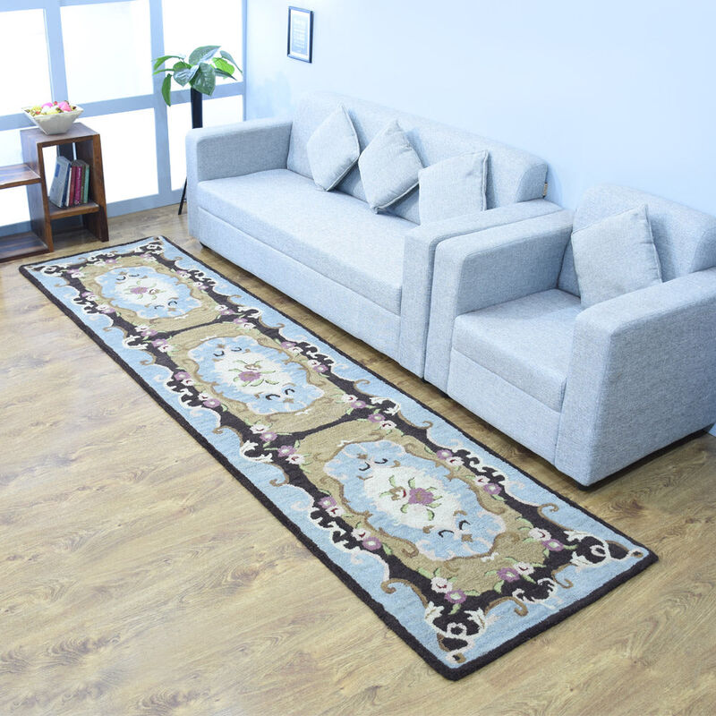 RUGSOTIC CARPETS HAND TUFTED WOOL ECO-FRIENDLY AREA RUGS  - Runner Shape, Beige & Blue, Classic Oriental Traditional  Design, High Pile Thick Handmade Anti Skid Area Rugs (K00S04) image number 1