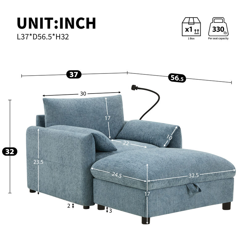Whisen 38" Accent Chair with Storage Ottoman, USB Charger, Side Storage Pockets, Pillow-Like Armrests, Wide Seat Chaise Lounge image number 9