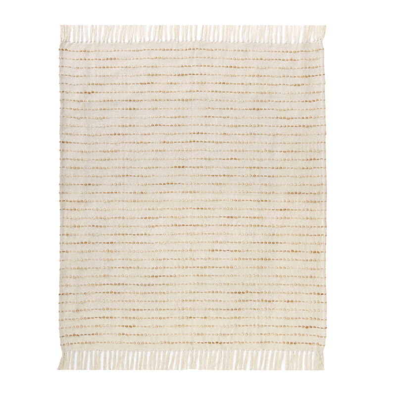 HomeRoots 50" X 60" White and Beige Cotton Blend Woven Striped Throw Blanket with Fringe image number 0
