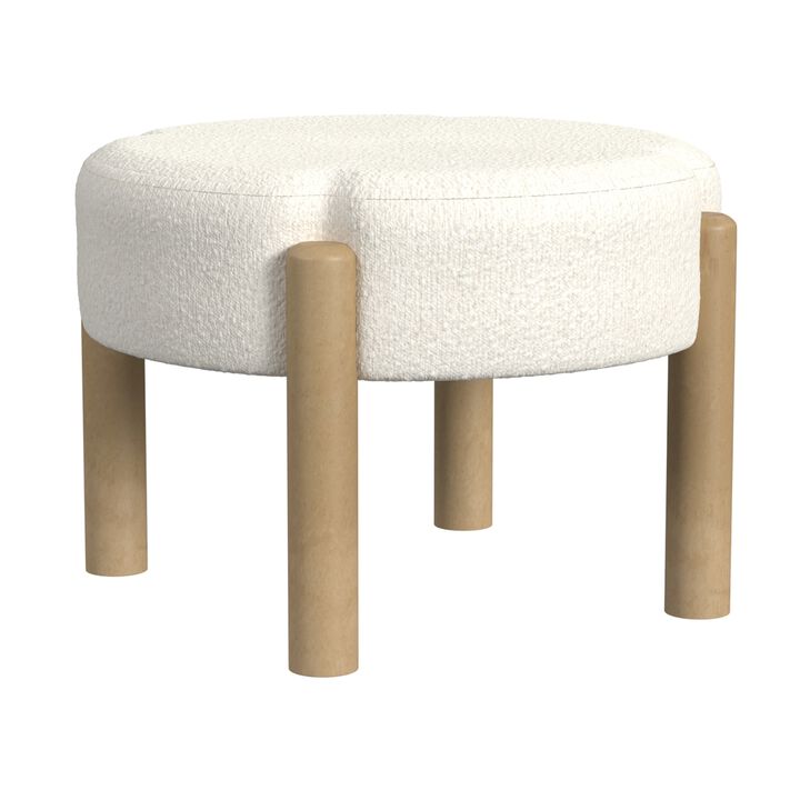 Eli 22 Inch Ottoman Footstool, Cream Boucle and Natural Brown Hardwood