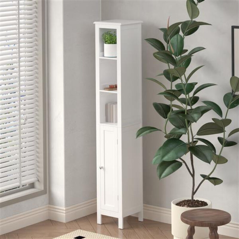 Freestanding Tall Bathroom Cabinet with Adjustable Shelves, 1 Door, and Open Compartments for Small Space Organization