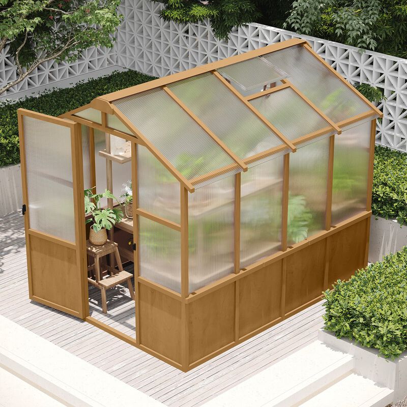 6x8 FT Greenhouse, Wooden Walk-in Greenhouse for Outdoors with Polycarbonate Panel and Adjustable Roof Vents image number 2