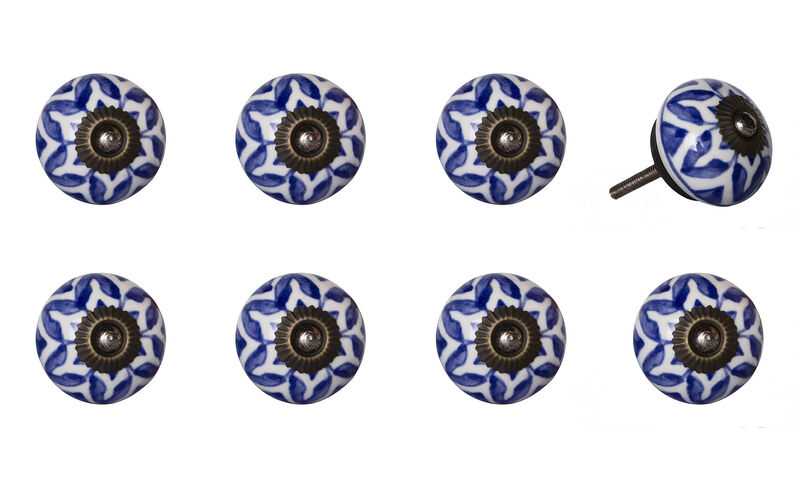 HomeRoots Set of Eight Blue And White Ceramic And Metal Drawer Pull Knobs image number 3