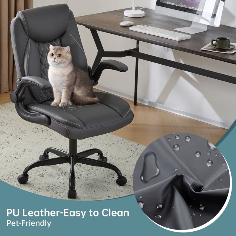 Ergonomic Leather Office Chair with Flip-Up Armrests, Lumbar Support, Swivel & Rocking &ndash; Home Office Desk Chair image number 6