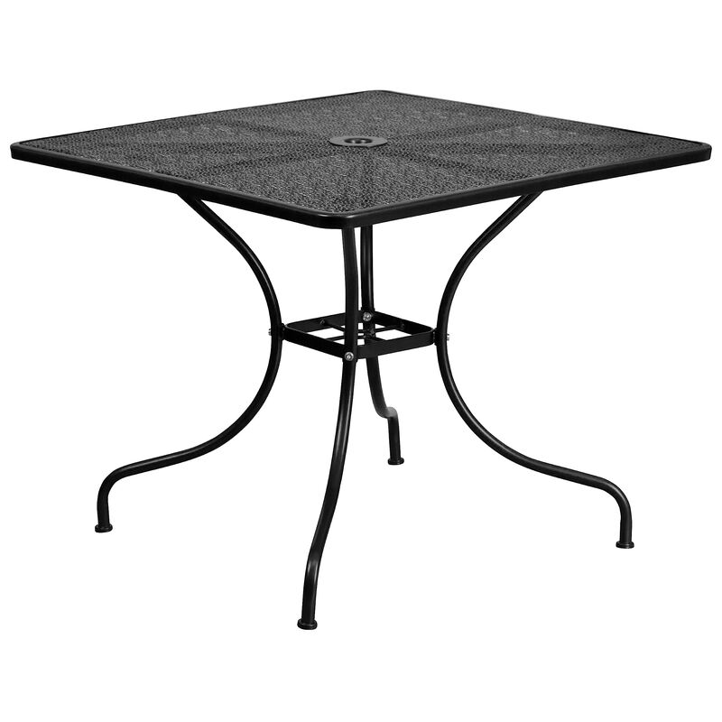 Flash Furniture Commercial Grade 35.5" Square Black Indoor-Outdoor Steel Patio Table Set with 2 Square Back Chairs
